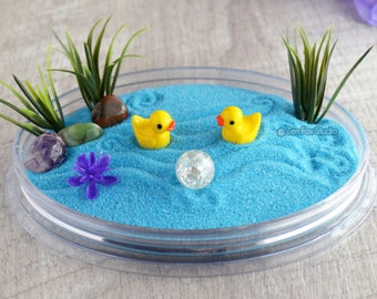 Tiny Duck Pond Mini Zen Garden // Cute Home Office Desk Accessory Meditation Decor Toy Baby Rubber Ducky Women Anniversary Gifts Ocean Blue