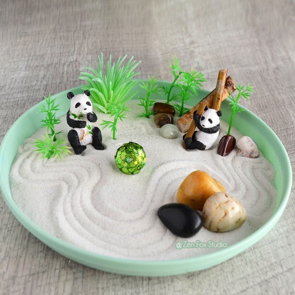 Panda Bear Mini Zen Garden // Home Office Desk Accessory Adult DIY Kit Fidget Toy Teacher Green Decor Mindful Gifts for Him Her Lucky Bamboo