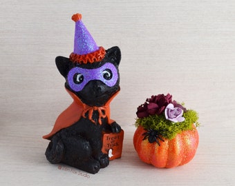 Black Cat Halloween Decor // Pumpkin Planter Whimsical Purple Home Office Desk Accessory Cute Trick or Treat Figurine Kitten Gifts For Her