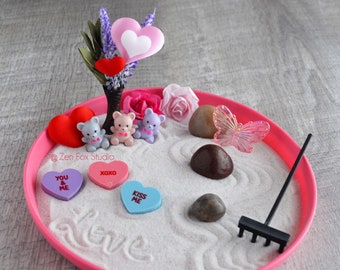 Mini Valentine Zen Garden // Home Office Desk Accessory Teddy Bear Gift for Her DIY Kit Rose Decor Love Conversation Hearts Anniversary XOXO