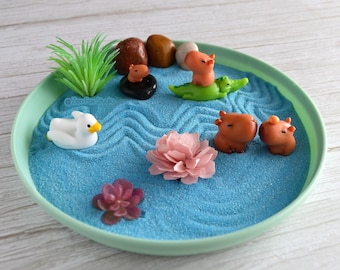 Capybara Mini Zen Garden Blue Desk Accessory Ornament Cute Mindfulness Therapy Birthday Gifts for Him Her Office Decor Chill Out Good Vibes