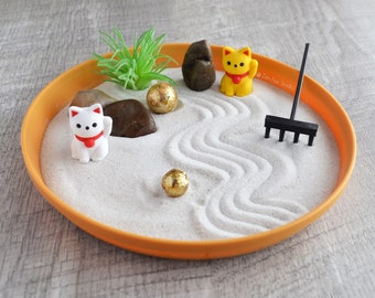 Lucky Cat Zen Garden Maneki Neko Cute Kitty Buddha Adult DIY Kit Fidget Toy Therapy Yellow Office Decor Fathers Day Gift Desk Accessory Gold