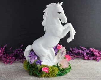 Porcelain Horse Statue Rose Quartz Crystal Office Decor // St Wolfgang Austria Floral Desk Accessory Unique Anniversary Gifts for Her Love