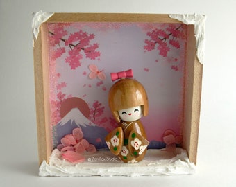 Kokeshi Doll Wooden Wall Art // Pink Sakura Blossoms Floral Office Decor Zen Desk Accessory Gifts for Her Mt. Fuji Japanese Art Snowy Kawaii