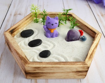 Lucky Cat Mini Zen Garden // Maneki Neko Kawaii Kitty Feng Shui DIY Kit Fidget Toy Unique Christmas Gifts Under 30 Mindful Desk Accessory