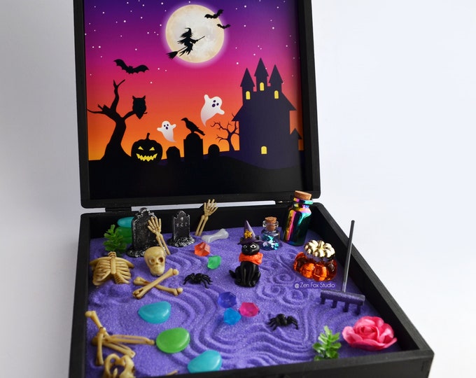 Halloween Zen Garden Box Witch Black Cat Lover Gift // Spooky Etsy