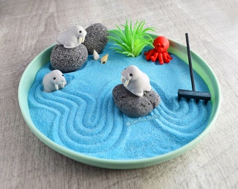 Mini Walrus Zen Garden // Ocean Desk Accessory Teacher Gifts Marine Lover Office Decor Cubicle Airplant Cute Octopus Meditation Relaxation