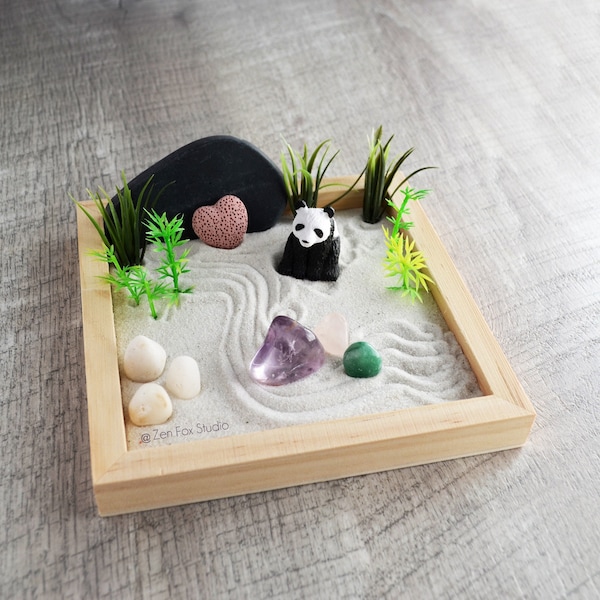 Panda Mini Zen Garden // Lucky Bamboo Desk Accessory Amethyst Kawaii Animal DIY Kit Fidget Toy Office Decor Aromatherapy Gifts for Him Her
