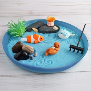 Mini Ocean Zen Garden Beach Sand Blue Desk Accessory DIY Kit Birthday Back To School Gifts Him Her Sea Otter Office Decor Fidget Toy Therapy