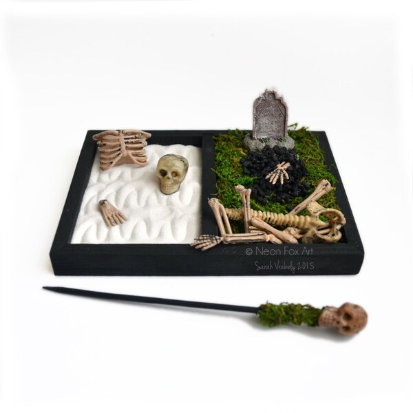 Mini Zen Garden // Gothic Home Decor // Halloween Decoration // Skeleton Bones // Cemetery // Skull / Tombstone / DIY Zen Kit / Office Decor