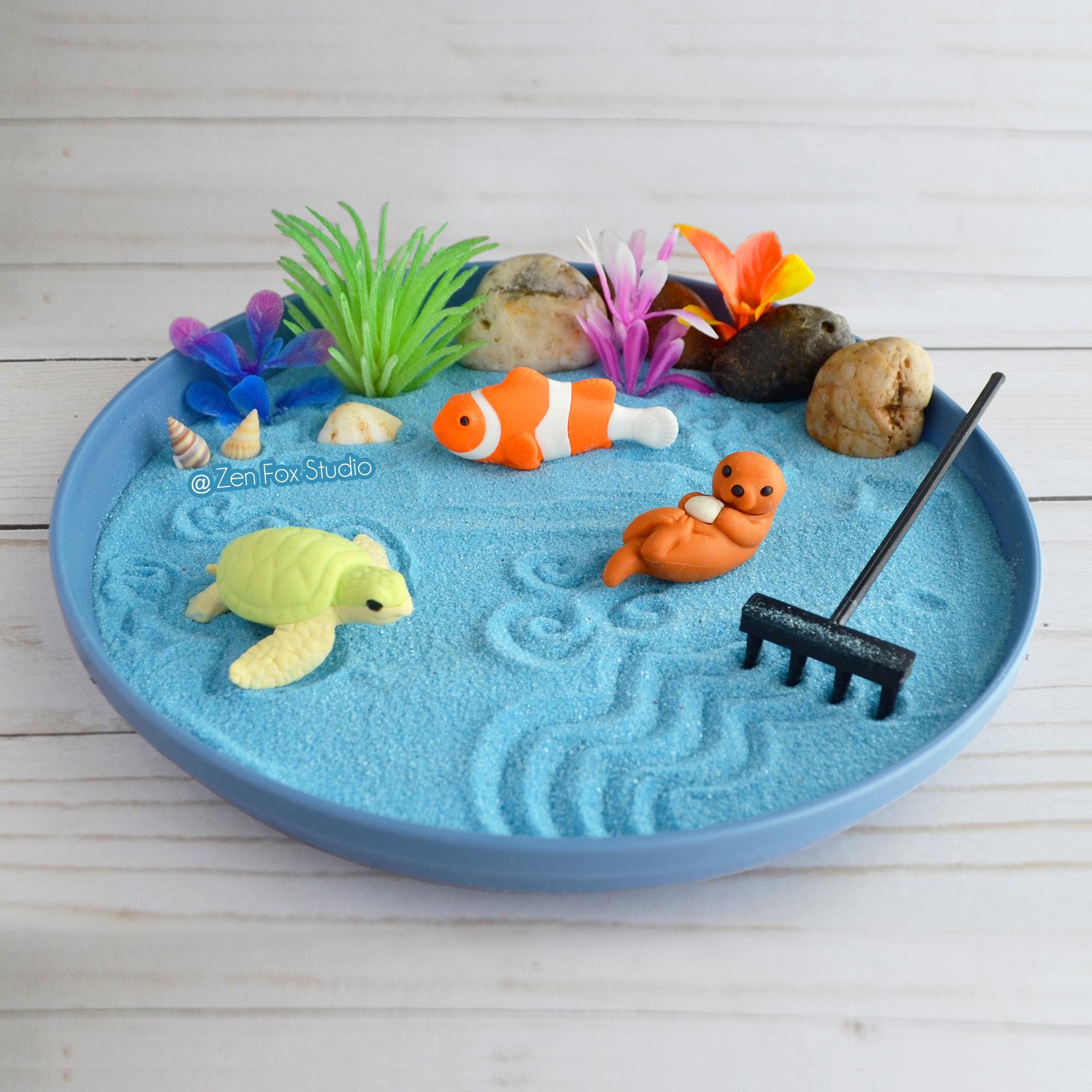 Mini Ocean Zen Garden Beach Sand Blue Desk Accessory Fun DIY Kit