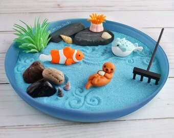 Mini Ocean Zen Garden Beach Sand Blue Desk Accessory DIY Kit Friend Fathers Day Gifts for Him Her Sea Otter Office Decor Fidget Toy Therapy