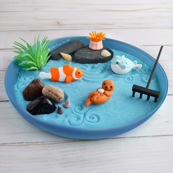 Mini Ocean Zen Garden Beach Sand Blue Desk Accesorio DIY Kit Amigo Padres Día Regalos para él Su nutria marina Oficina Decoración Fidget Terapia de juguete