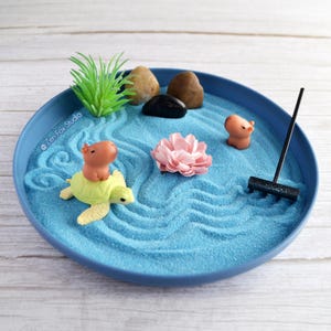 Capybara Mini Zen Garden Blue Desk Accessory Ornament Cute Calming Turtle Therapy Fun Birthday Gifts for Him Her Dorm Office Decor Chill Out