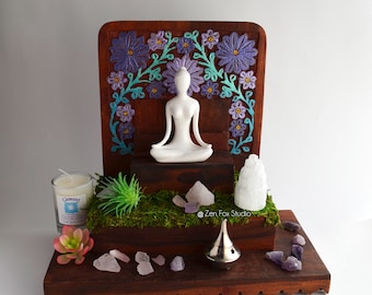 Wooden Meditation Altar // Zen Yoga Goddess Statue Crystal Display Selenite Rose Quartz Amethyst Home Office Decor Shrine Buddhist Incense