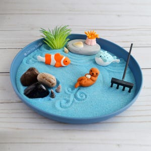 Mini Ocean Zen Garden Beach Sand Blue Desk Accessory Fun DIY Kit Birthday Christmas Holiday Gifts Him Her Sea Otter Office Decor Fidget Toy