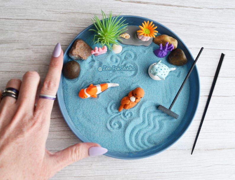 Mini Ocean Zen Garden Beach Sand Blue Desk Accessory Fun DIY Kit Birthday Christmas Gifts Him Her Sea Otter Dorm Office Decor Fidget Toy image 2