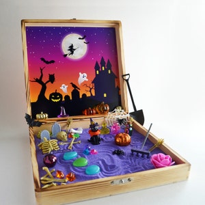 Halloween Zen Garden Box Witch Black Cat Lover Gift // Spooky Cemetery Haunted House Fairy Garden Graveyard Pumpkins Colorful Desk Accessory