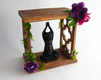 Yoga Cat Wooden Altar Shelf // Zen Statue Crystal Display Garden Pink Purple Floral Room Decor Home Office Storage Trinket Shelf Cube Cubby