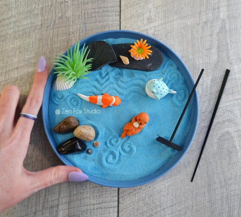 Mini Ocean Zen Garden Beach Sand Blue Desk Accessory DIY Kit Friend Fathers Day Gifts for Him Her Sea Otter Office Decor Fidget Toy Therapy image 2