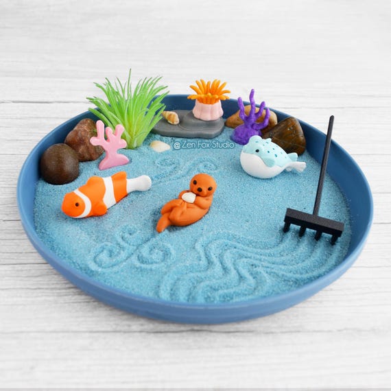 Mini Ocean Zen Garden Beach Sand Blue Desk Accessory Fun DIY Kit Birthday Christmas Gifts Him Her Sea Otter Dorm Office Decor Fidget Toy