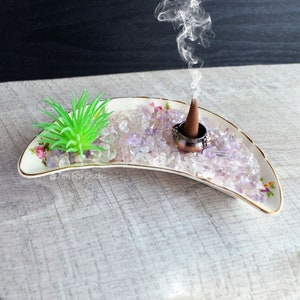 Crescent Moon Gemstone Garden Incense Air Plant Holder // Crystal Decor Incense Urn Burner Office Desk Accessory Meditation Tools Vintage