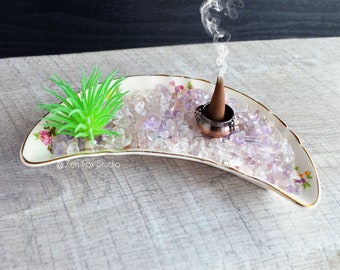Crescent Moon Gemstone Garden Incense Air Plant Holder // Crystal Decor Incense Urn Burner Office Desk Accessory Meditation Tools Vintage