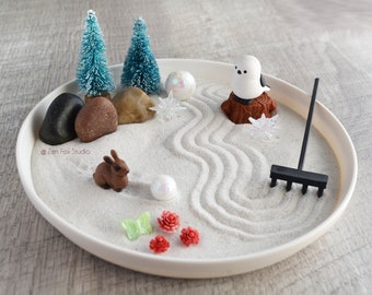 Winter Zen Garden // Snowy Owl Home Office Decor Desk Accessory Unique Holiday Gifts for Him Pine Tree Calming Meditation Tools Bunny Rabbit