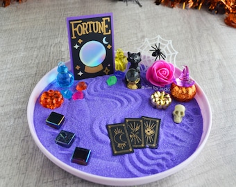 Fortune Teller Zen Garden Handmade Halloween Decor Black Cat Tarot Mystic Fairy Garden Celestial Desk Accessory Gothic Magical Gift for Her