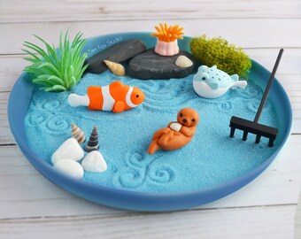 Mini Ocean Zen Garden // Beach Sand Blue Desk Accessory DIY Kit Friend Birthday Gifts for Him Her Sea Otter Office Decor Fidget Toy Therapy