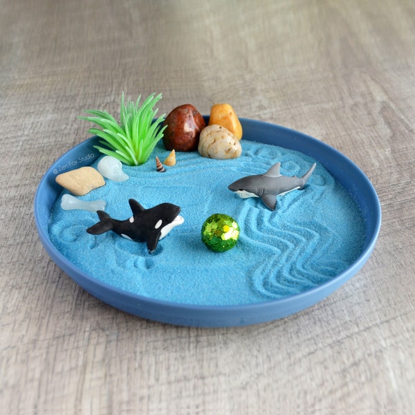 Orca Whale Shark Ocean Zen Garden // Blue Sea Sand Desk Accessory Killer Whale Great White Son Birthday Gift for Him Her Office Decor Marine