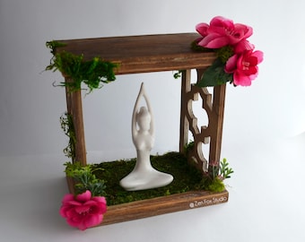 Yoga Goddess Wooden Altar Shelf // Zen Statue Crystal Display Garden Pink Floral Room Decor Home Office Storage Trinket Shelf Wall Cubby