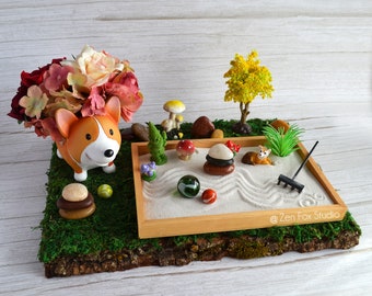 Floral Corgi Zen Garden // Happy Bedroom Decor Miniature Fairy Gifts for Her Mothers Day Dog Lover Gnome Mushrooms Cottagecore Green Witch