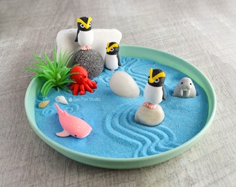 Penguin Mini Zen Garden / Ocean Desk Accessory Birthday Day Gift for Him Rock Hopper Beach Home Office Decor Cubicle Whale Shark Cute Animal