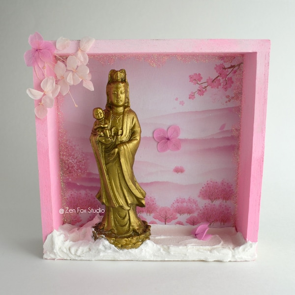 Guanyin Wall Art // Goddess Statue Pink Sakura Floral Office Decor Female Buddha Zen Altar Desk Accessory Gifts for New Mom Bodhisattva Her