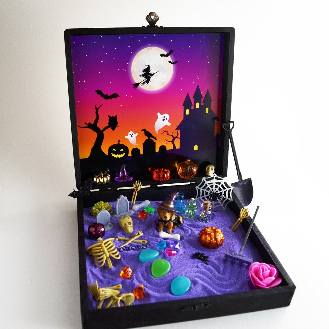 Halloween Zen Garden Box Witch Puppy Dog Lover Gift // Spooky Cemetery