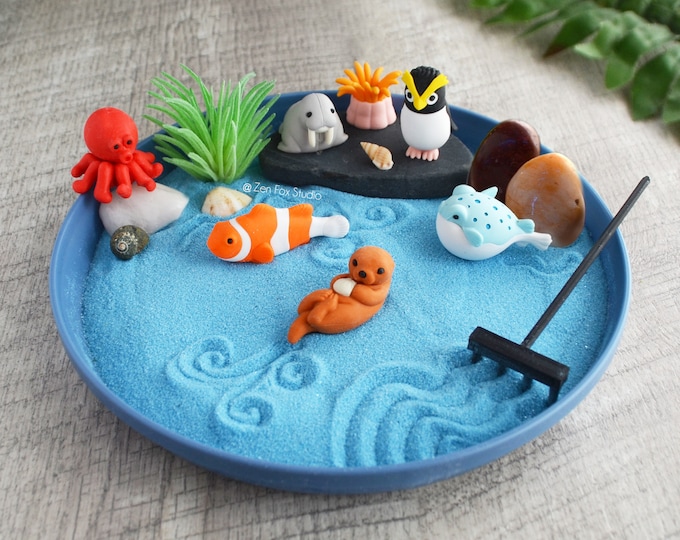 Ocean Mini Zen Garden // Blue Desk Accessory DIY Mindfulness Creative Kit Birthday Gifts for Him Her Sea Otter Home Office Decor Clownfish