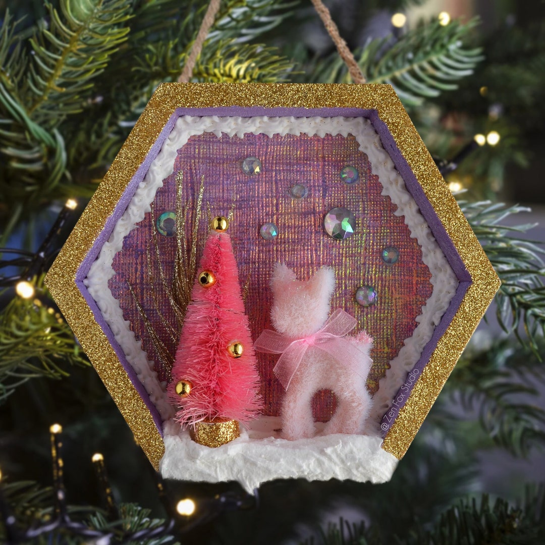 Kitschy Christmas Tree Ornament Pink Deer Handmade Diorama Retro Holiday Winter Wonderland
