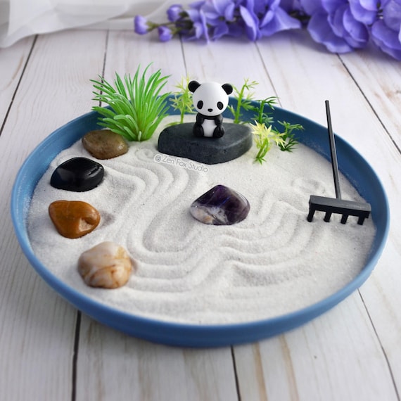 Panda Bear Mini Zen Garden // Lucky Bamboo Desk Accessory Amethyst