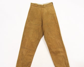 50s 60s Corduroy Pants W36 Retro Brown Corduroy Trousers XL Button Up Cord Slacks with faux leather details Wide Straight Leg Cords