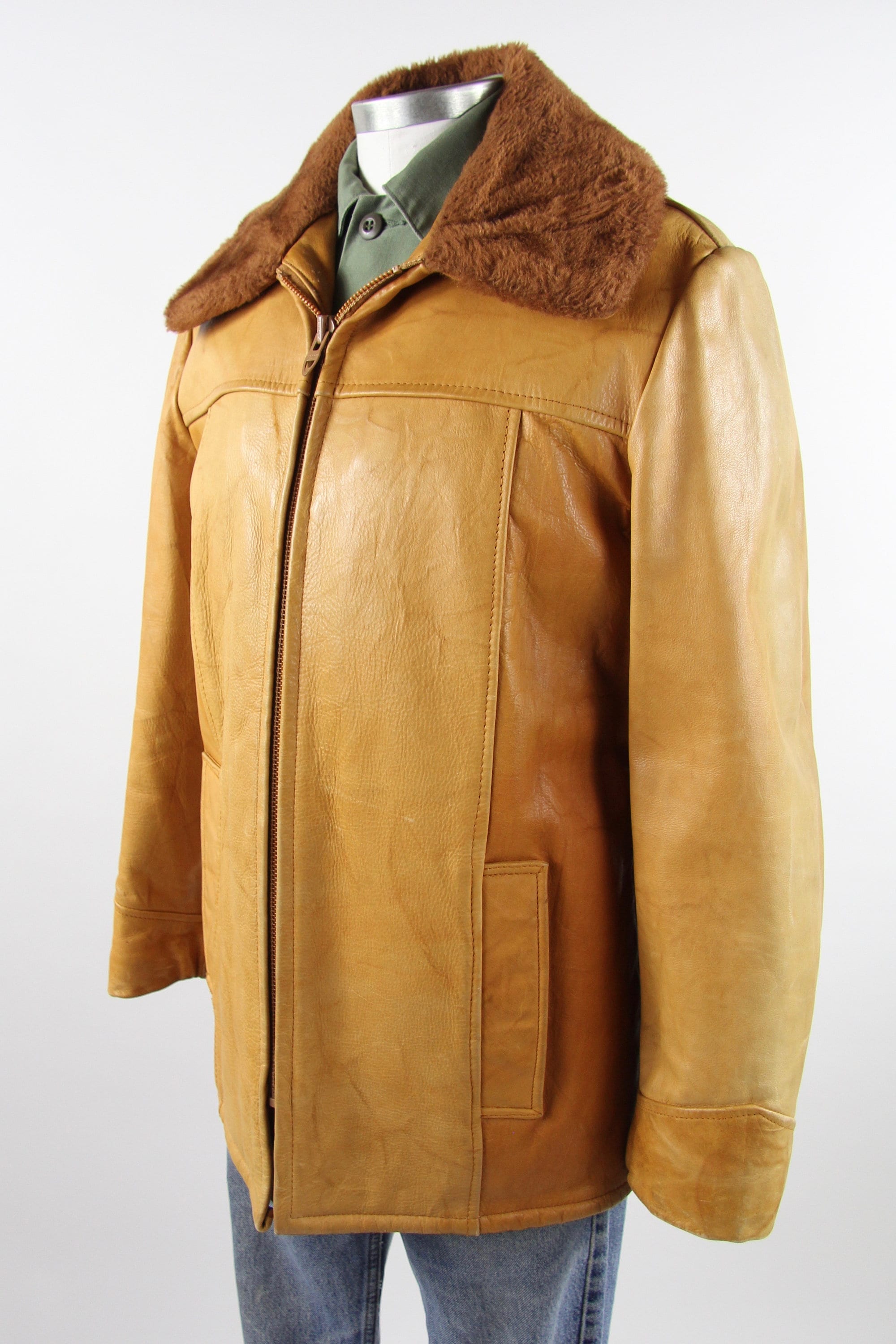 70's Tan Leather Men's Coat Thick Heavy Leather Farm Jacket Men's
