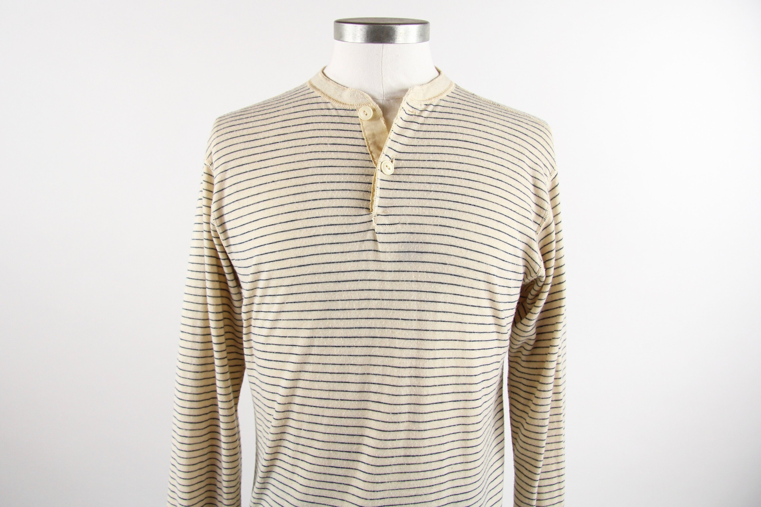Striped Henley Shirt 50/50 Long Sleeve Thermal Tee Blue Cream Size