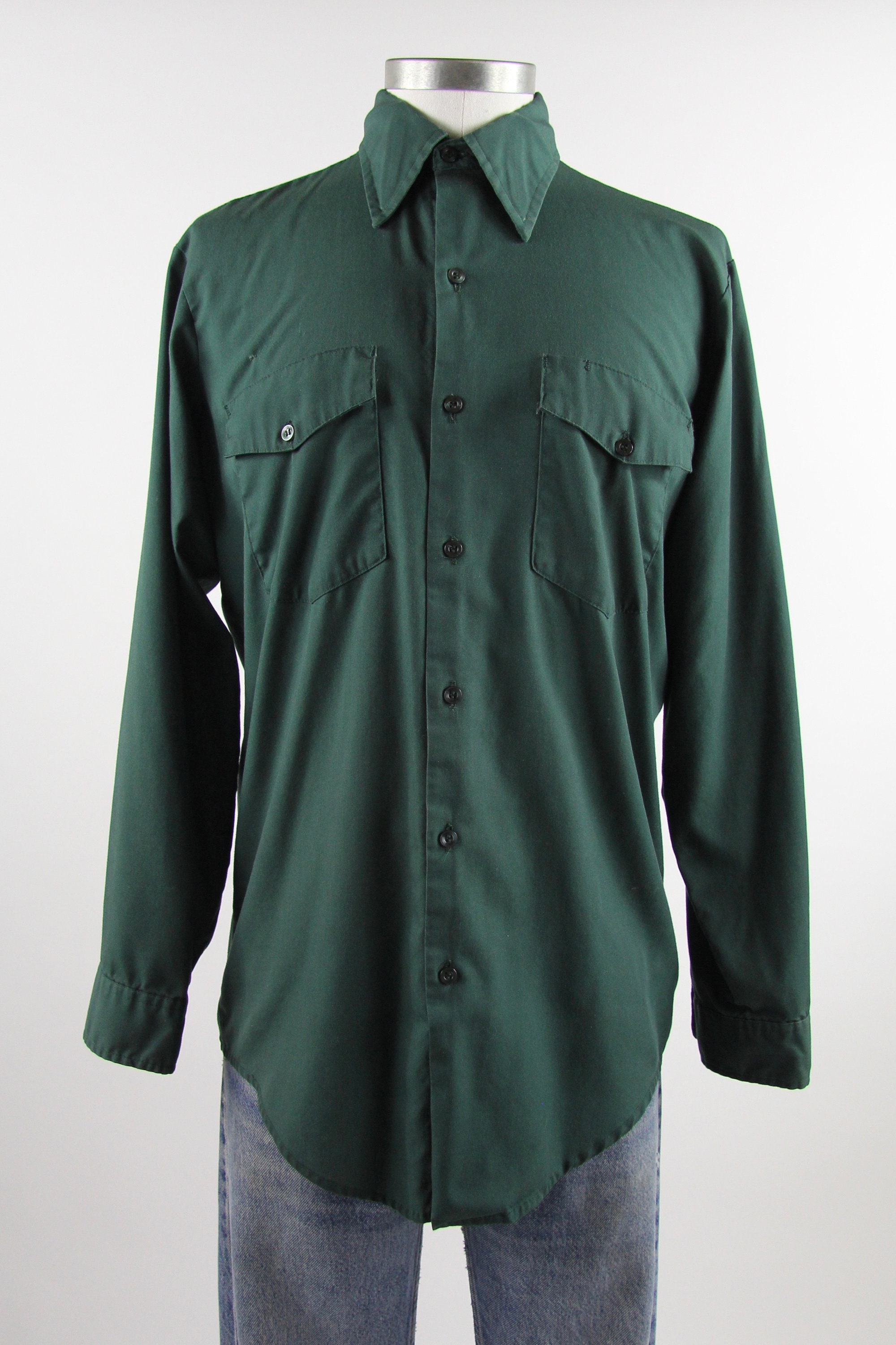 Men's Work Shirt 60's Button Down Green Utility Work Shirt Size Medium