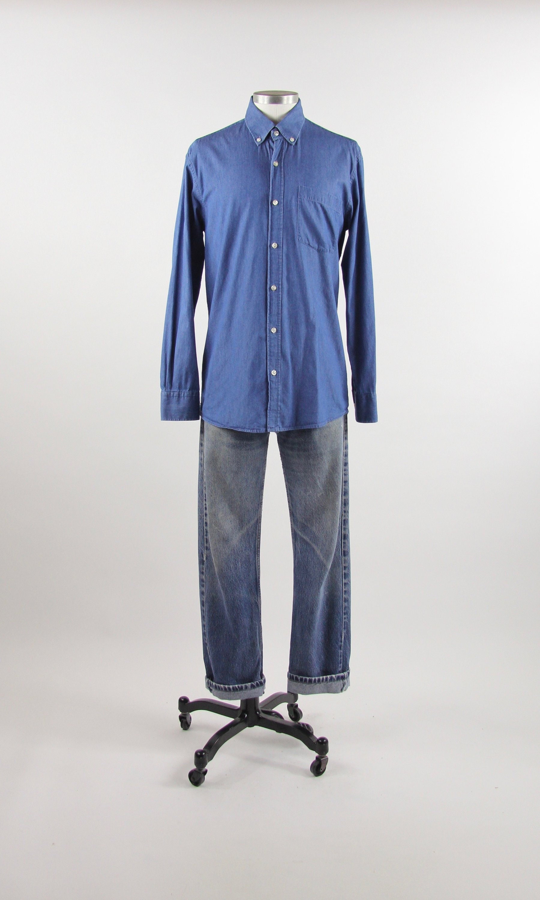 Chambray Cotton Denim Mens Long Sleeve Dress Shirt Vintage Size Medium