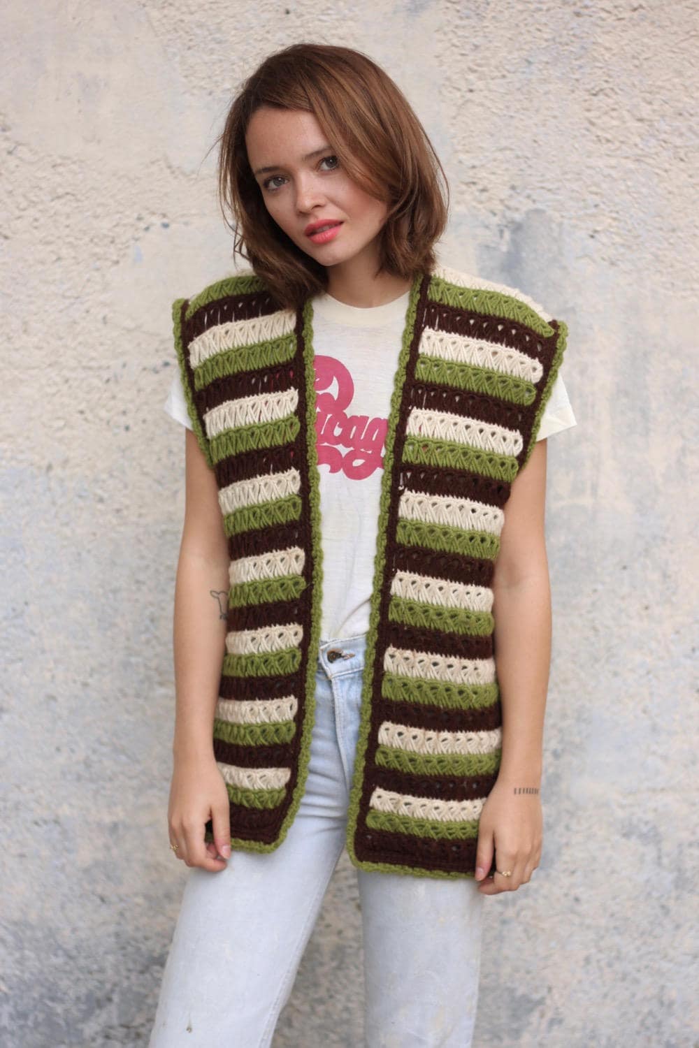 70's Handmade Crocheted Sweater Vest Striped Brown Green Soft Knit
