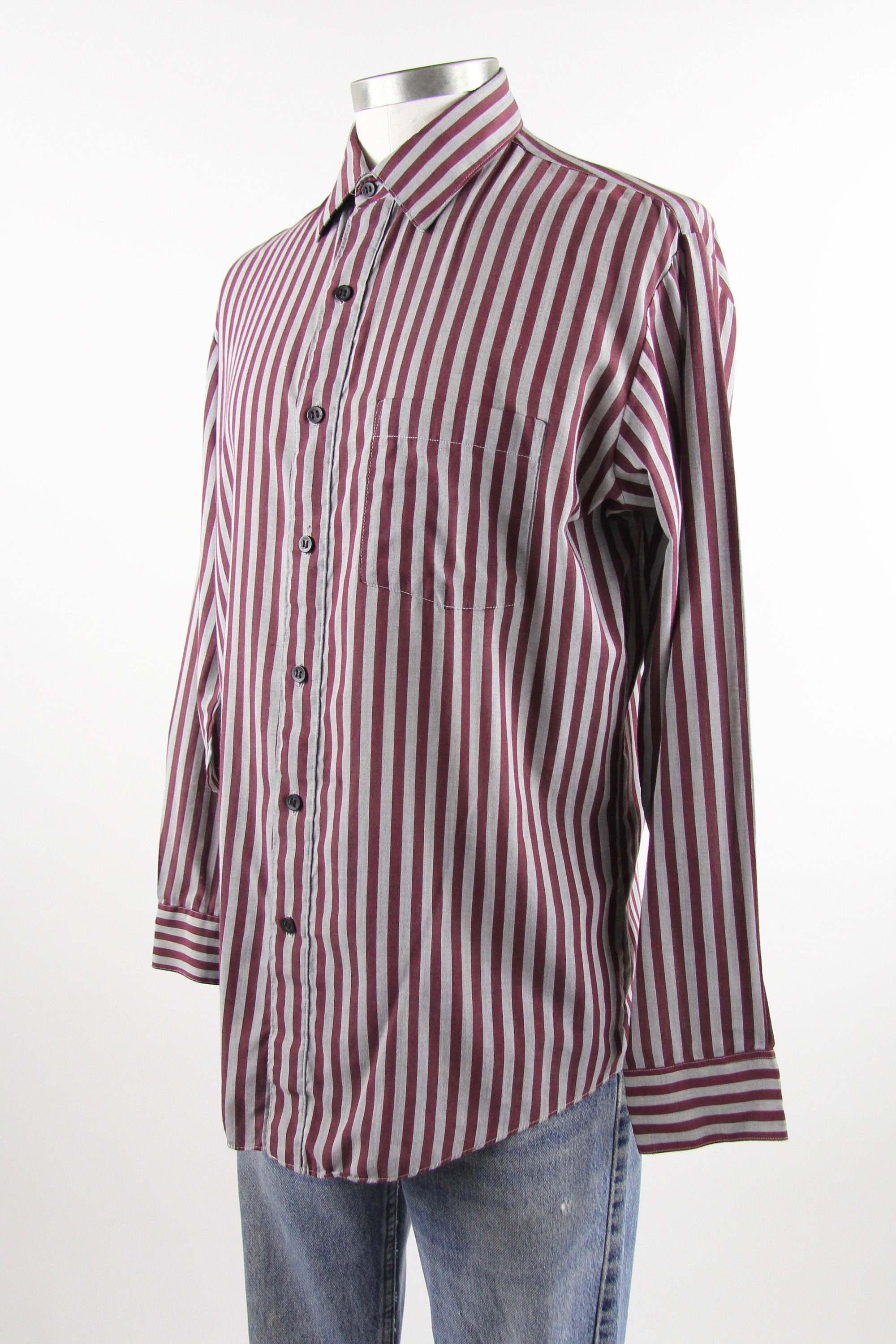 Maroon Striped Shirt Men's Vintage Button Down Dress Shirt Size Medium