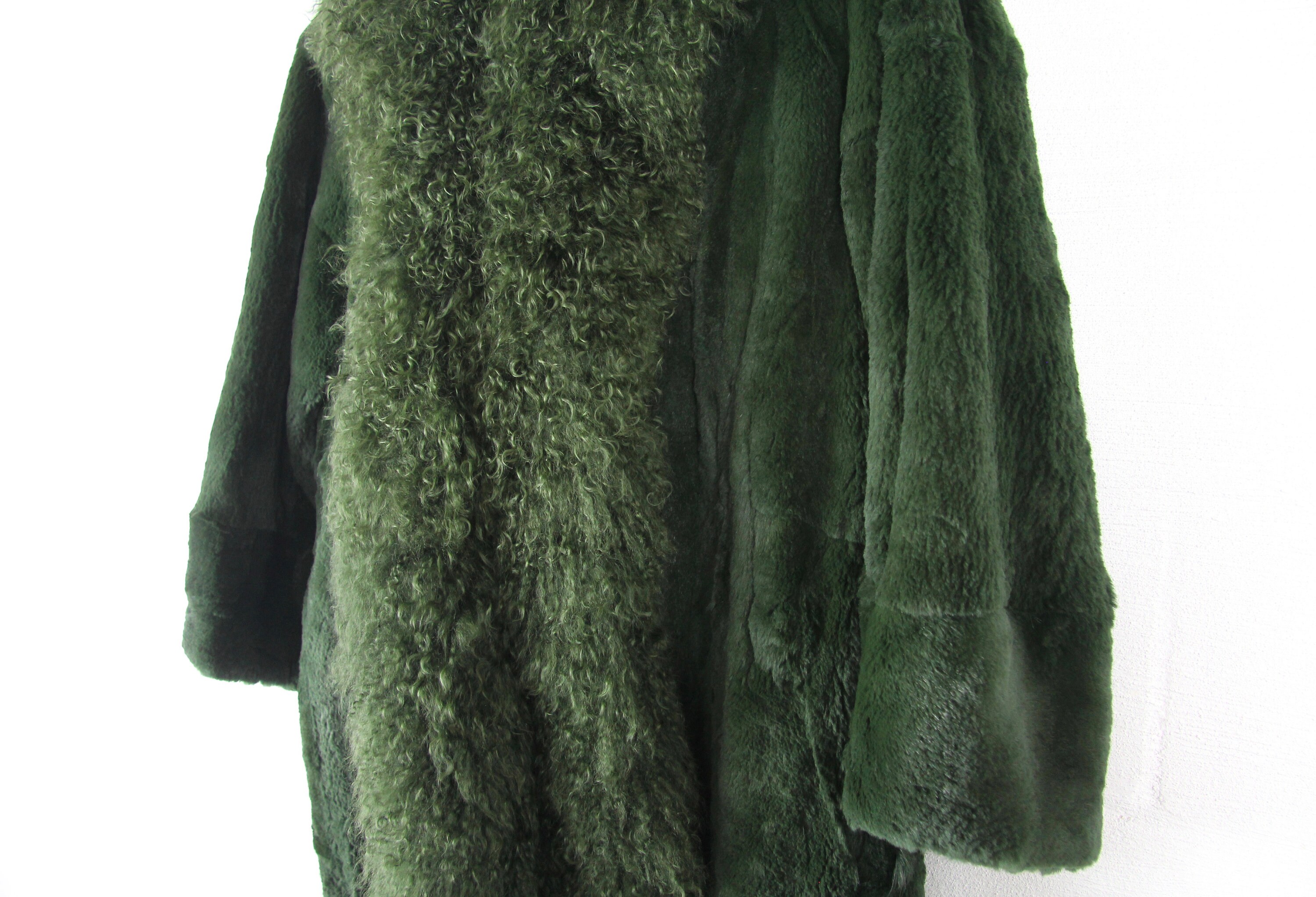 Green Mongolian Curly Lamb Fur Coat Knee Length Long Large Extra Large ...