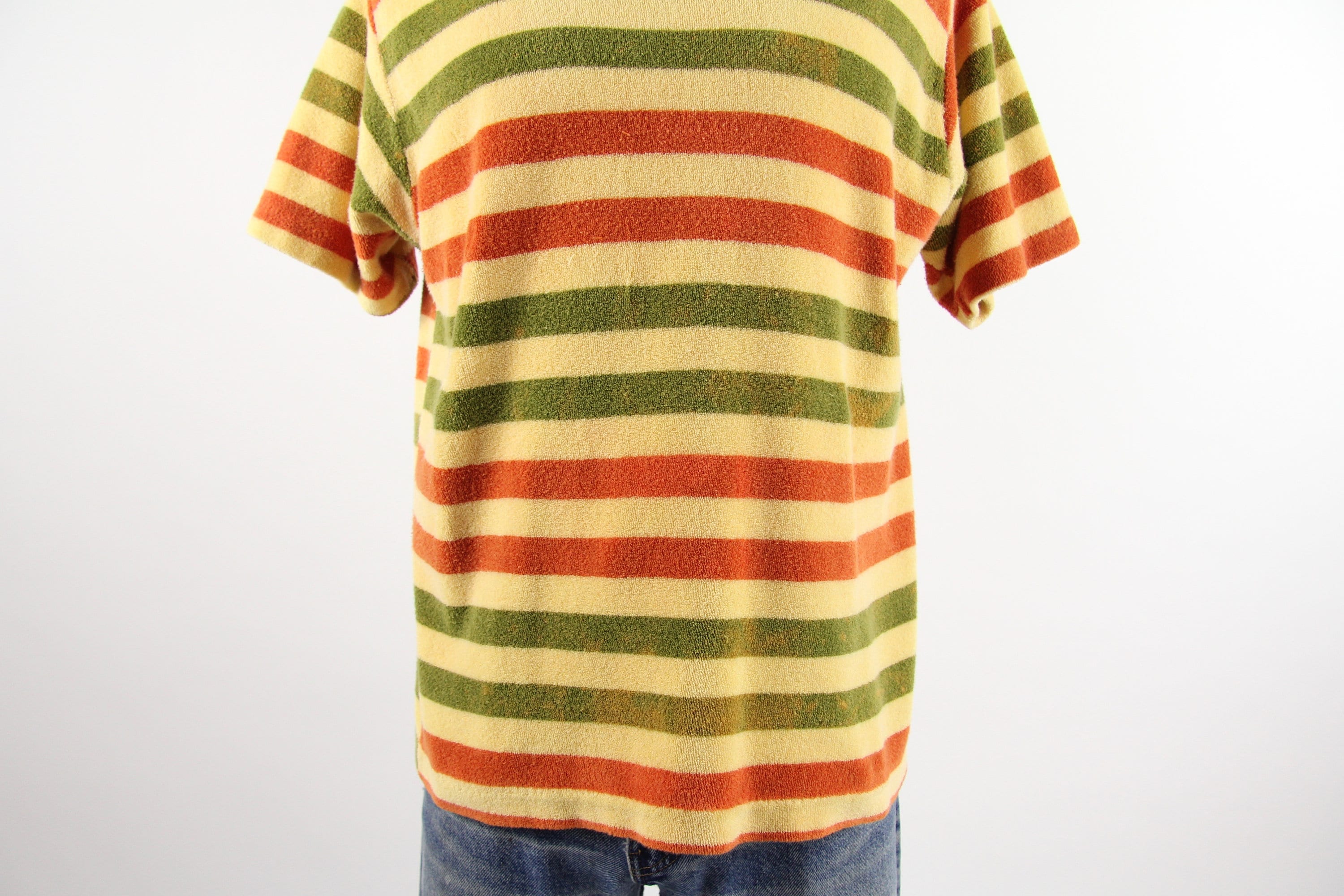 60's Striped Shirt Yellow Terry Cloth T-shirt Size Medium