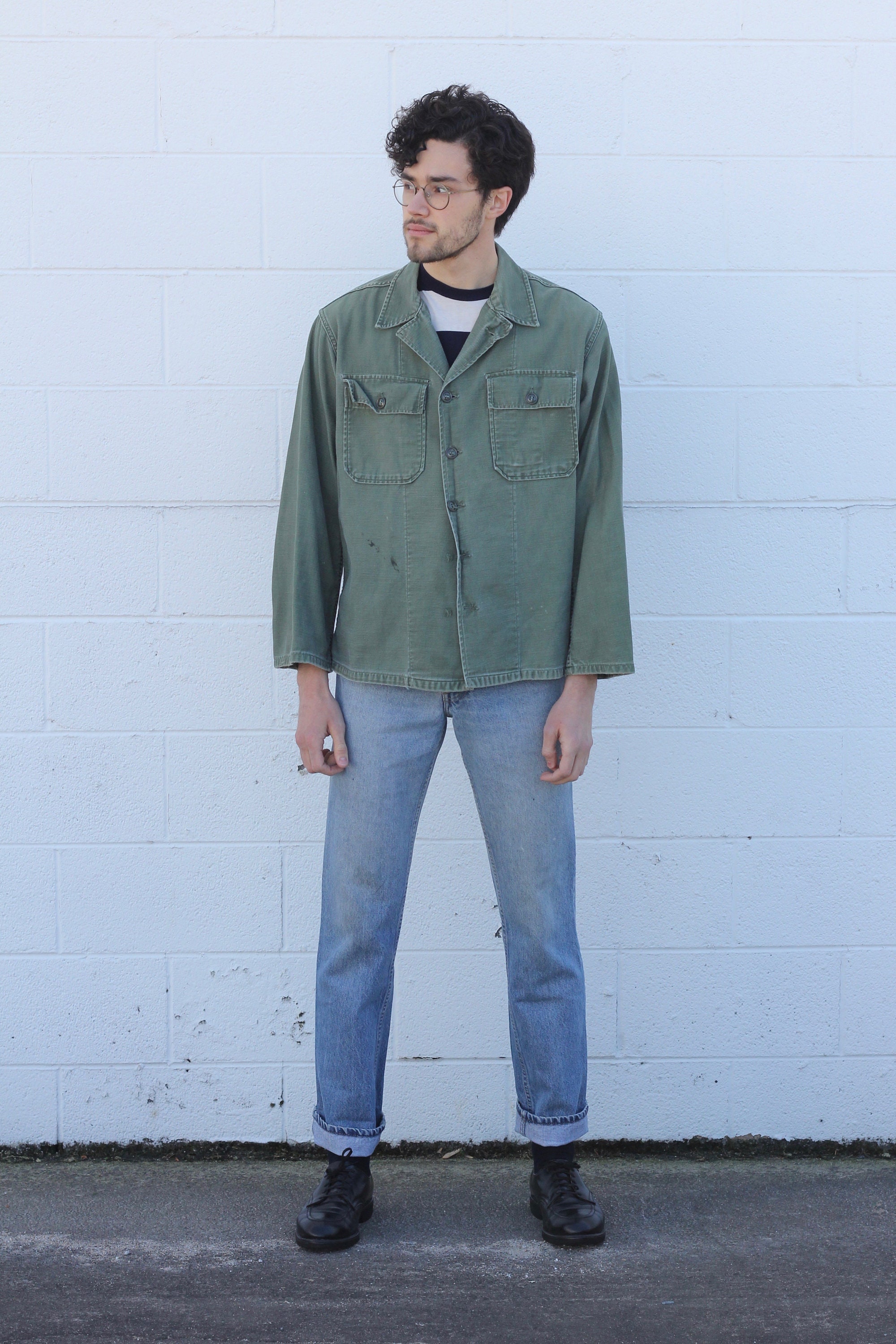 Military Green Long Sleeve Cotton Shirt Vintage Army Button Up Soft ...