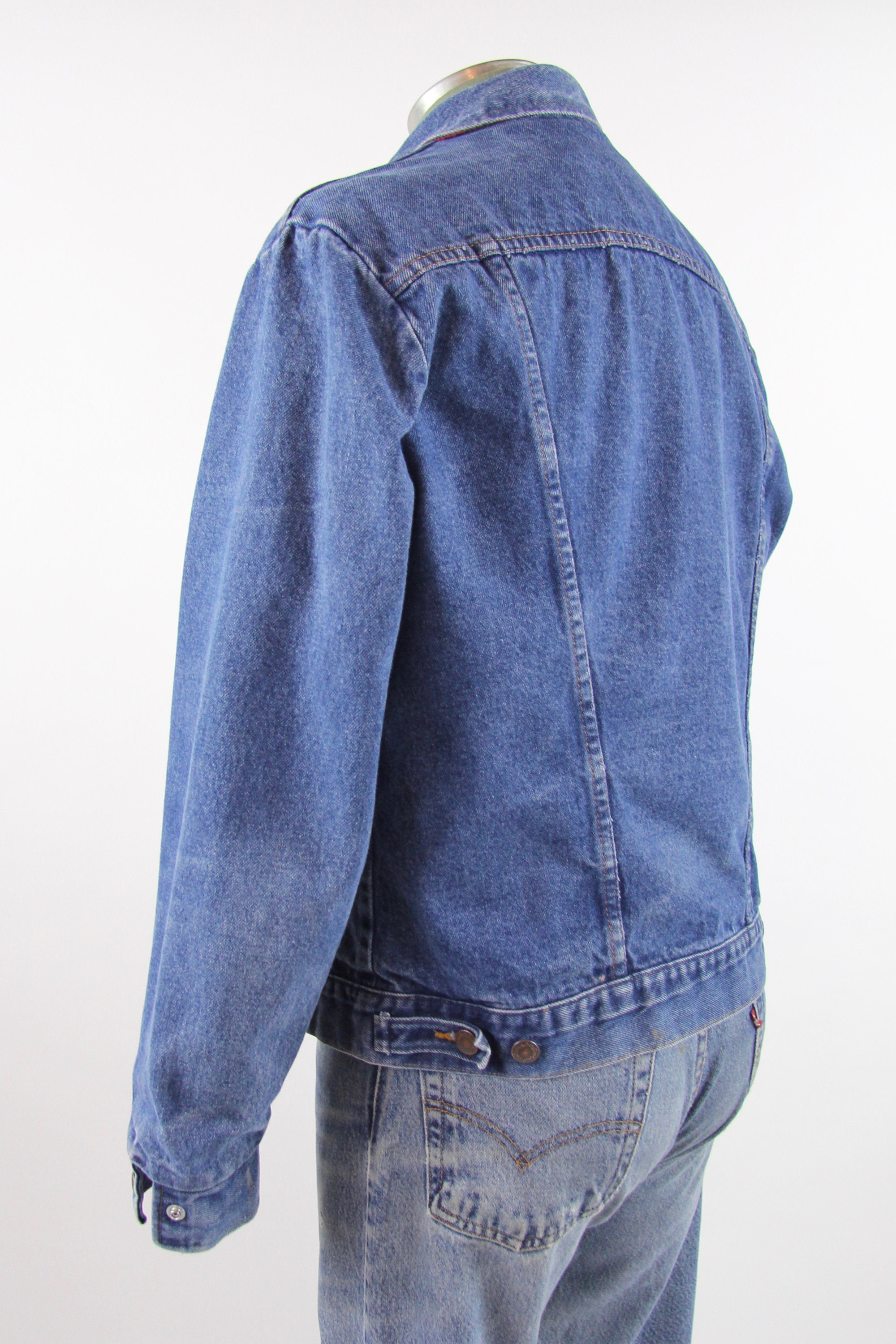 Wrangler Jean Jacket Flannel Lined Red and Black Plaid Men's Trucker Jean Jacket Vintage Size 